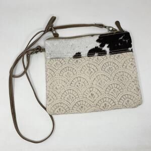 Myra Bag Dual Strap Cowhide Fur Printed Canvas Crossbody Purse Western Boho
